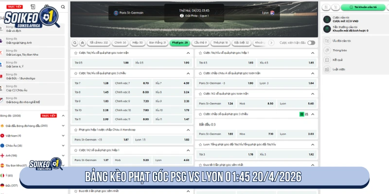 Bảng kèo phạt góc PSG vs Lyon 01:45 20/4/2026